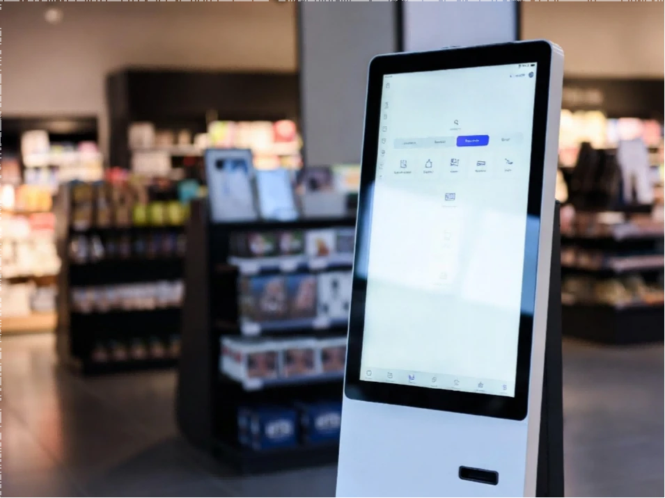 Interactive touchscreen monitor kiosk deployed in a modern retail shopping environment to enhance customer experience and streamline transactions. Interactive touchscreen monitor kiosk deployed in a modern retail shopping environment to enhance customer experience and streamline transactions.