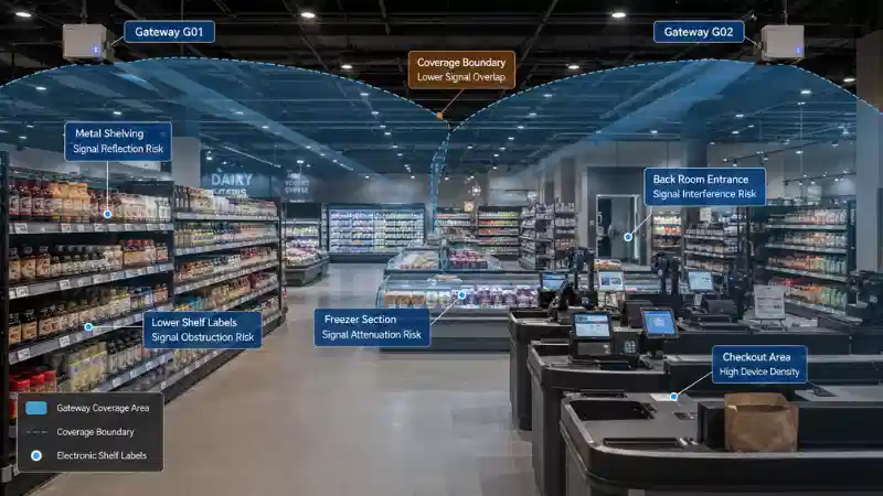 > Electronic shelf label gateway placement and wireless coverage zones in a modern supermarket > Electronic shelf label gateway placement and wireless coverage zones in a modern supermarket